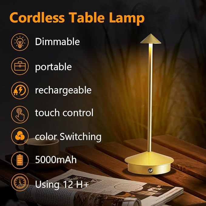 Cordless Table Lamp Set of 2, 5000mAh Rechargeable Battery Powered LED Desk Lamp, Portable Touch Dimming Outdoor Table Lamps, 3 Color Light for Restaurant, Patio, Bedroom, Night Lamp (Gold)