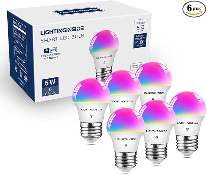 Lightinginside E26 Smart Light Bulbs 50W Equiv., G16.5 A15 RGBCW Small Chandelier Ceiling Fan Smart Bulb Works with Alexa/Google Home/SmartLife, 5W 550LM, 2.4G WiFi Bluetooth Bulb, ETL Listed, 6PCS