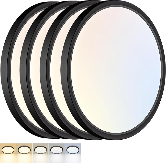 4 Pack LED Flush Mount Ceiling Light,12Inch 24W,3000K/3500K/4000K/5000K/6500K 5 Color Temperatures Ceiling Light Fixture for Kitchen Porch Hallway Bedroom Bathroom and Closet,Black