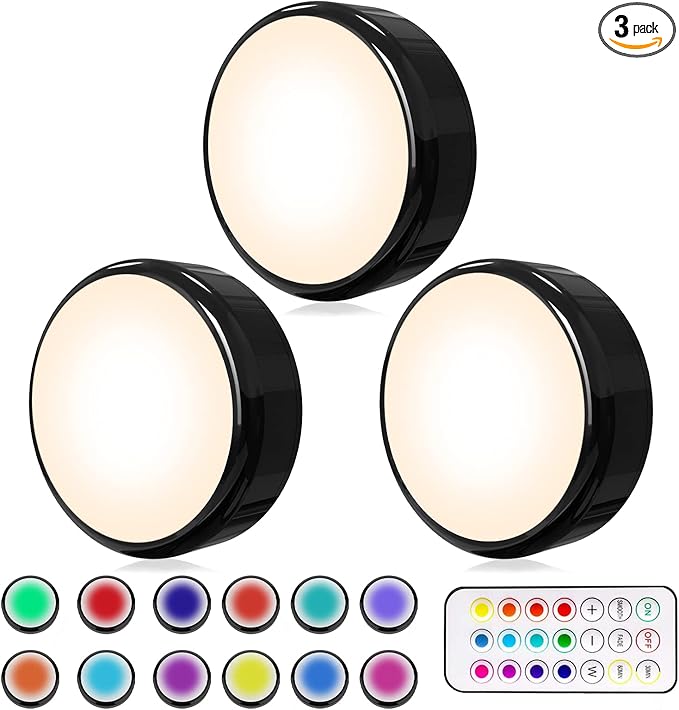 HELPLEX LED Puck Lights with Remote, 3 Pack Color Changing RGBW Stick-On Light, Battery Powered, Dimmable Under Cabinet Lighting with Timer & Memory, Wireless Push Lights for Kitchen & Closet, Black