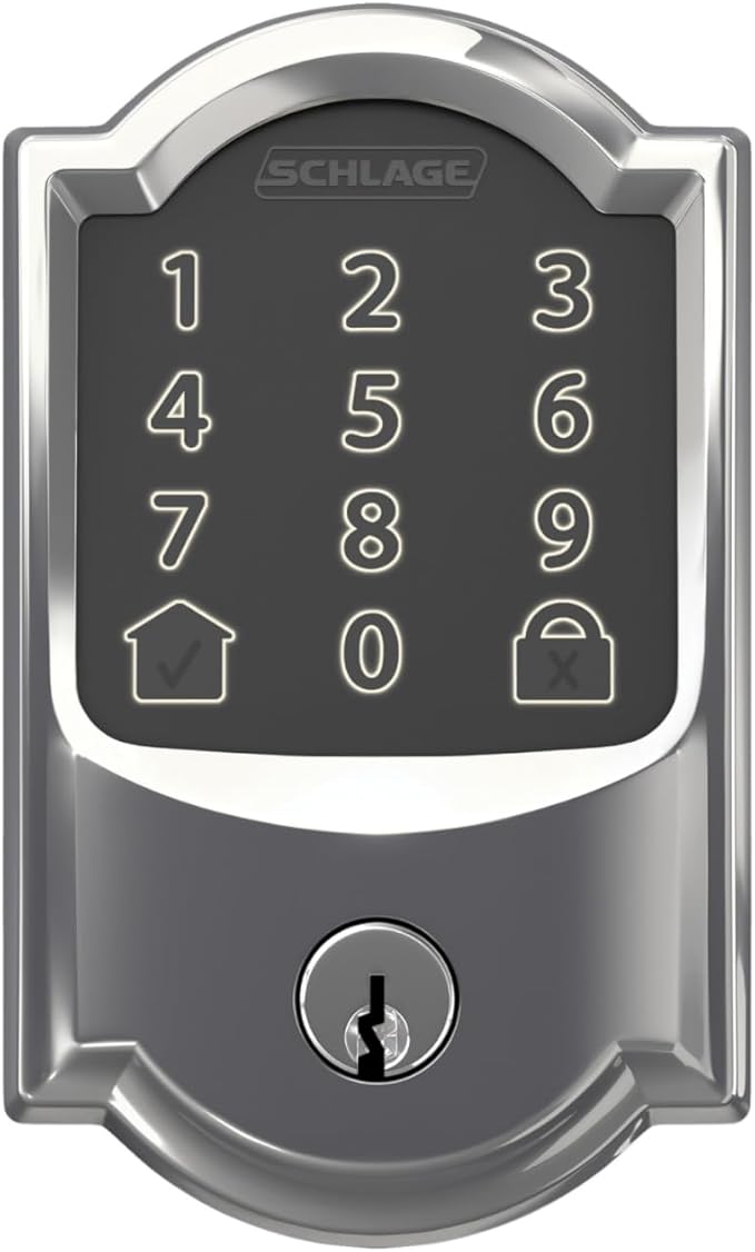 Schlage Encode Smart Wi-Fi Deadbolt Lock with Touchscreen Keypad, Keyless Front Door Entry, App Control, Alexa, Google Home and Airbnb Compatible, Bright Chrome, BE489WB CAM 625