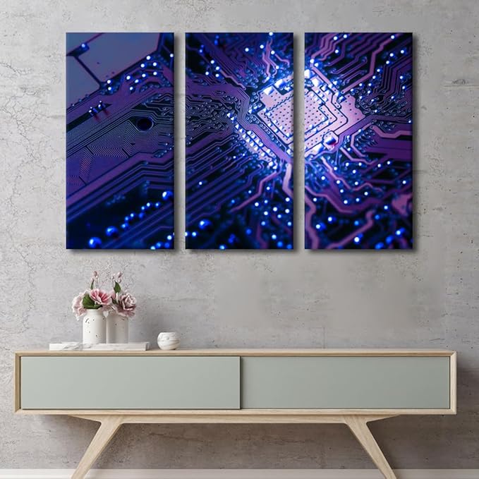 Black and White Wall Art Motherboard Digital Chip Artwork Wall Decor 3 Piece Circuit Board Pictures Canvas Wall Art Contemporary Art CPU Concept Posters and Prints Framed Ready to Hang(40"Wx60"H)