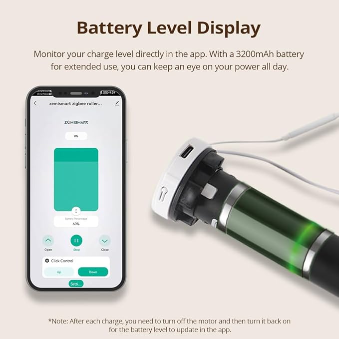 Blindsmart Rechargeable Tuya Zigbee Roller Blinds Motor for 38mm Tube, Motorized Window Shades Automatic Blinds Curtain Opener APP Control, Zigbee Hub Required (Only Motor)