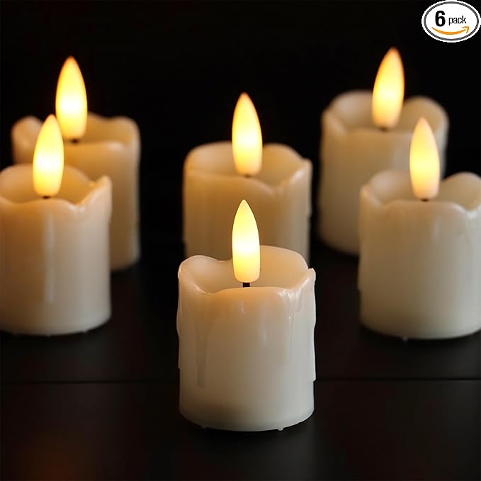 Set of 6 Flameless Votive Candles with Timer (5 Hour) Realistic Black Wick Battery Operated Candles Dripping Flickering LED Tealights for Wedding Party Holiday Christmas Halloween Decoration