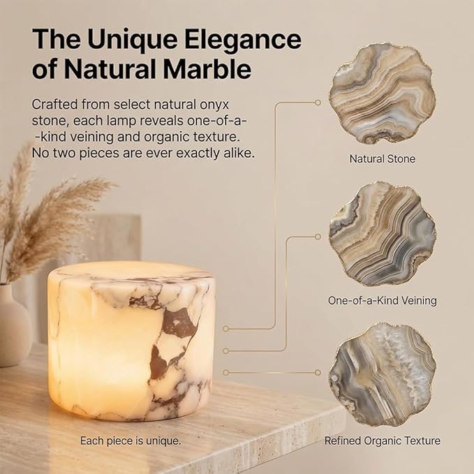 Marble Lamp Night Light Touch Bedside Table Lamp, Type C Rechargeable Natural Stone Accent Decor with 3 Way Dimmable Warm Glow, Cordless Ambient Lighting for Bedroom Living Room Desk Shelf Gift(#A)