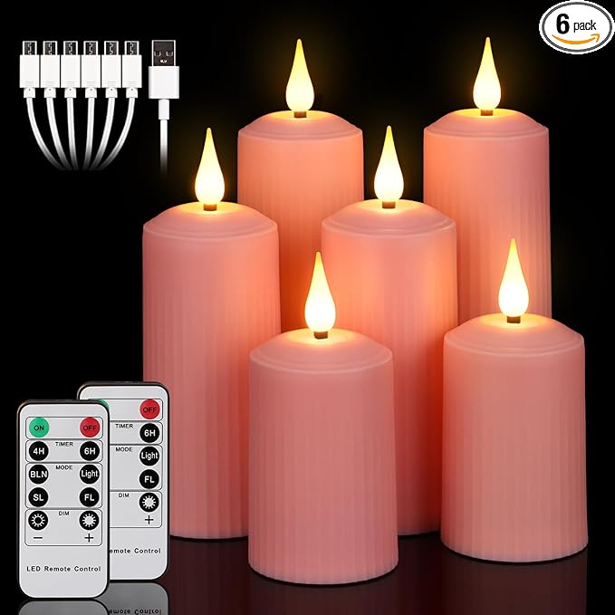 yunsheng Rechargeable Flameless Candles with Remote Timer, in/Outdoor Waterproof LED Flickering Pillar Candles Set of 6 (D2 x H4/5.5/6.5"), Battery Operated Pink Plastic Roman Column Candles