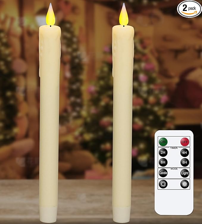 KSWING Upgraded Real Wax LED Flameless Taper Candles with Remote, 2 PCS Ivory Dripping Candlesticks Battery Operated 3D Flickering - 9.6" Long Realistic Fake Candle Sticks for Home/Wedding/Xmas Decor
