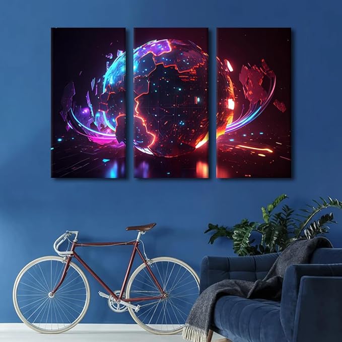 3 Panel Wall Decor Neon Colorful Global World in Cyber Space Pictures Posters, Digital World Wall Art for Living Room Bedroom Decoration, Framed Gallery-Wrapped Ready to Hang, 42" Wx28 H