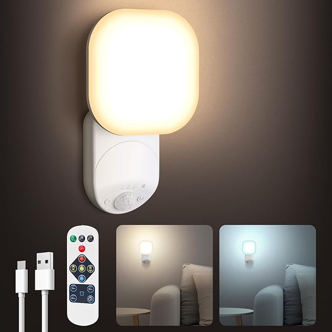 Rechargeable Motion Sensor Wall Light, Magnetic Wireless Closet Light with Remote, Adjustable Lighting & Swivels, Wall Sconce Battery Operated, Motion Sensor Light for Porch Hallway Garage Stairs