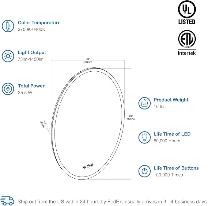 20x30 Inch Oval LED Lighted Makeup Mirror for Bathroom Vanity | LED Mirror for Bathroom with Fogless Waterproof Glass, 3 Color Dimmable | Wall Mounted LED Vanity Mirror | Smart Lighted Makeup Mirror