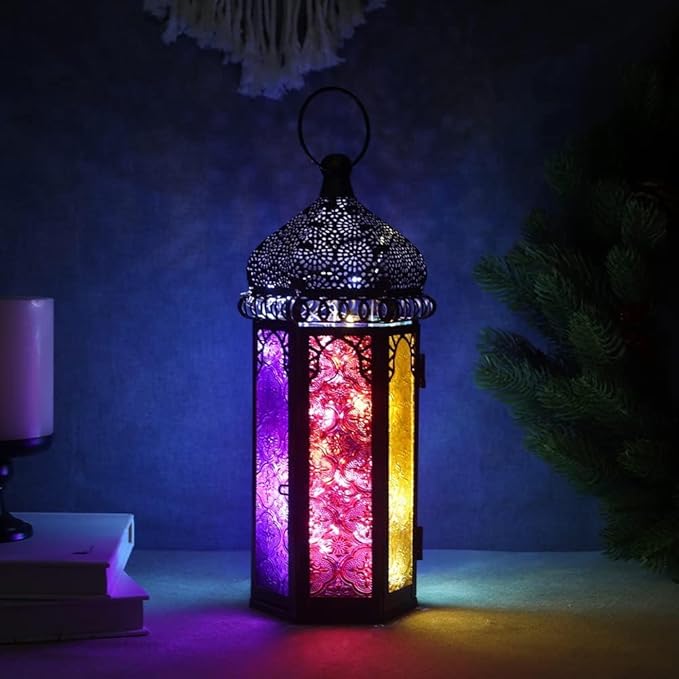 DECORKEY Ramadan Decorations, Vintage Candle Lantern Decorative Indoor&Outdoor, 14.7'' Moroccan Hanging&Tabletop Lantern with 6 Colors Glass, Metal Decor for Home Front Porch Patio Decor