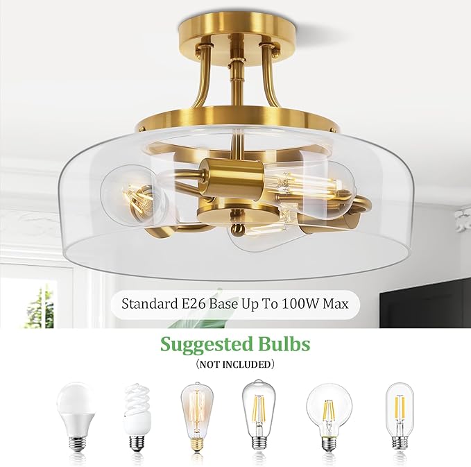TOBUSA 3-Light Semi Flush Mount Light Fixture, Modern Industrial Glass Ceiling Light with E26 Base, Metal Semi Flush Ceiling Light for Living Room Kitchen Bedroom Hallway Balcony, No Bulbs, Gold