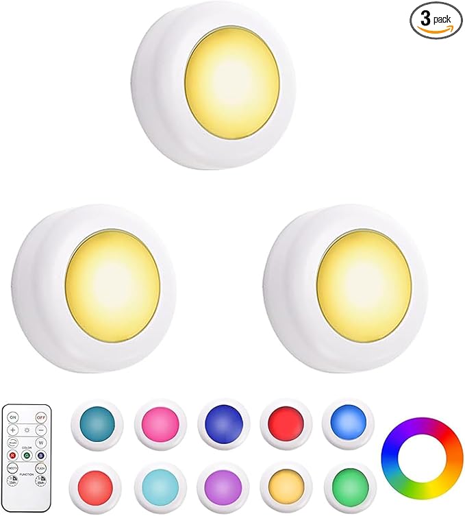 Hbaushun LED Puck Lights 3 Pack,16 Color Changeable Wireless LED Cabinet Lights,Battery Operated Night Light with Dimmer & Timmer for Bedroom,Closet, Kitchen,White