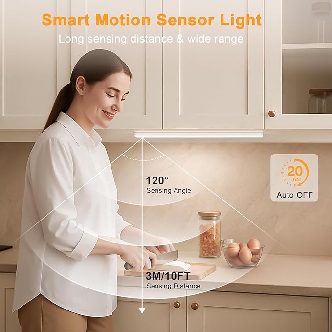 13inch Under Cabinet Lighting, 2500mAh Motion Sensor Light Indoor, USB Rechargeable Battery Operated Closet Light, Dimmable LED Cabinet Lights, Under Counter Light for Kitchen (2-Pack)