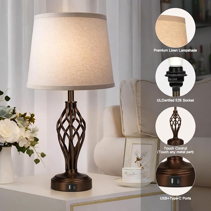 Touch Table Lamps Set of 2, nightstand lamp with USB Ports Bedside 3 Way Touch dimmer Desk lamp for Living Room Bedroom,Brown Plated Spiral cage Base Design Warm White dimmer Bulbs Included.