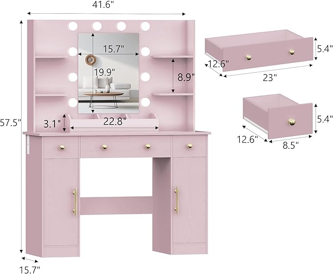 Makeup Vanity Desk with Mirror and Lights, 43" Pink Vanity Set with 3 Drawers, Power Outlet & Adjustable RGB LED Lights, Dressing Table with Storage Shelf for Women & Girls Bedroom