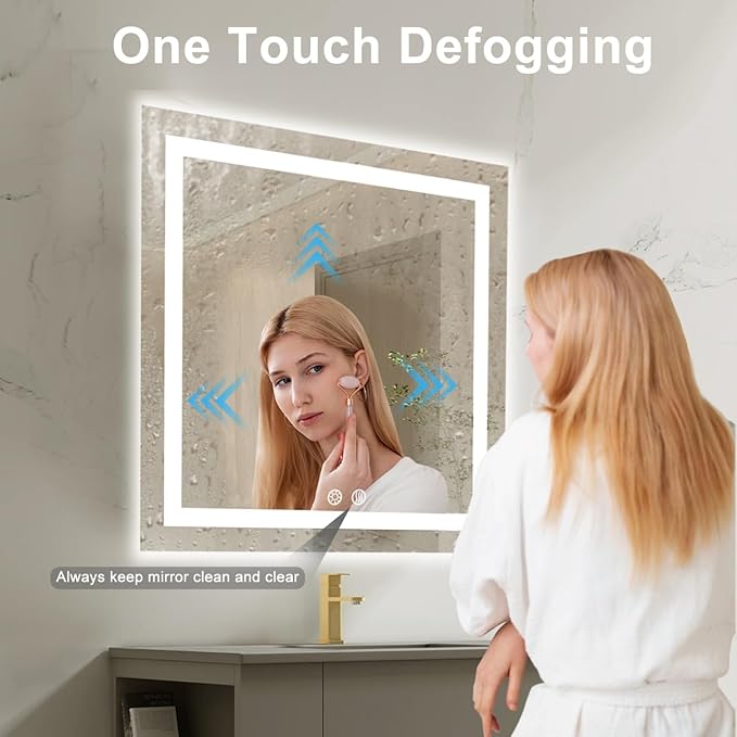 36 X 36 Inch Square LED Bathroom Vanity Mirror, 3 Colors Light Dimmable, Wall Mounted Memory Lighted Makeup Mirror with Anti-Fog Touch Switch (Front-lit&Backlit)