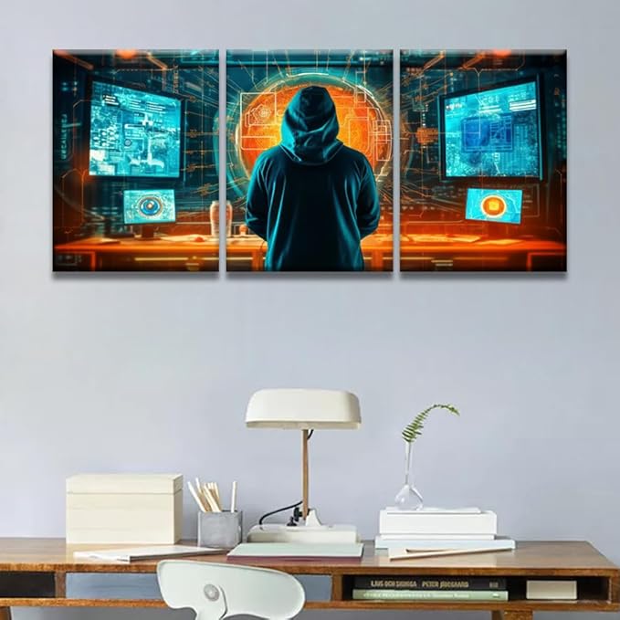 Bedroom Wall Decor 3 Panel Anonymous Hacker Standing in Server Room Print on Canvas for Living Room Bedrooms Wall Decorations, Wooden Framed Gallery-Wrapped Ready to Hang 12x16inchx3
