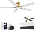 52 Inch Ceiling Fans with Lights,Smart Low Profile Ceiling Fan with Light and Remote Control,Modern Flush Mount Ceiling Fans for Bedroom,Patio,Porch,Outdoor Indoor Use,in Black White and Gold,Quiet