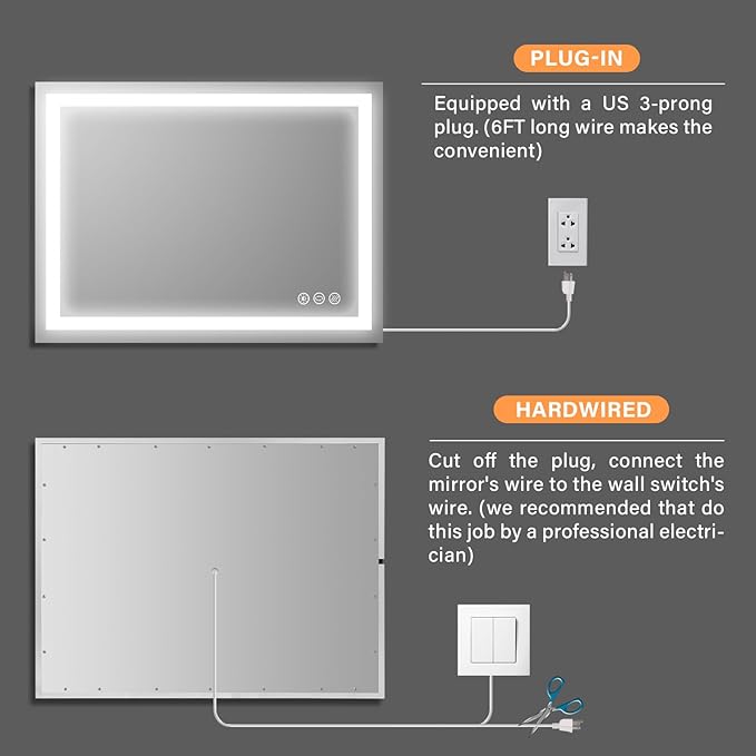 36x28 inch LED Lighted Bathroom Mirror with Anti-Fog, Wall Mounted Vanity Mirror with Smart Touch Button, Memory Function, Adjustable Warm White/Natural/Daylight Lights(Horizontal/Vertical)