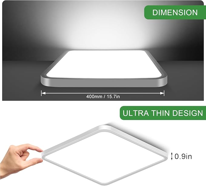 15.7Inch 32W Square LED Ceiling Light Fixtures Flush Mount, 5000K Daylight White LED Ceiling Lamp, Surface Mount Modern Ceiling Lights, White Slim Flat Panel Lighting for Bedroom, Kitchen, Bathroom