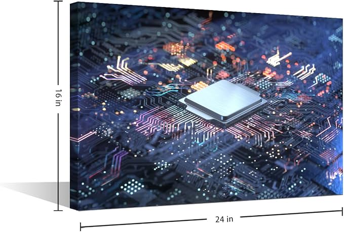 TUMOVO Canvas Wall Art for Bedroom Technology Digital Art Wall Paintings for Living Room CPU Concept Office Modern Wall Art Pictures Print On Canvas Giclee Framed Ready to Hang, 24x16in