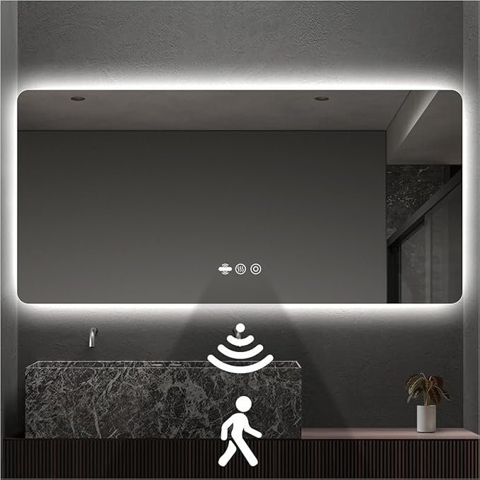 66 x 36 LED Bathroom Mirror, Frameless Rounded Corner Rectangle Backlit Mirror Bathroom, Anti-Fog, 3-Color Stepless Dimmable Lighted Mirror, Motion Sensor Lights, Memory Function