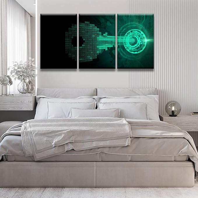 LSIUHWUWI Wall Art for Living Room 3 Panel Key Made from Binary Code Fits Iinto A Lock Pictures Print on Canvas for Home Office Decorations, Framed Ready to Hang, 48" Wx24