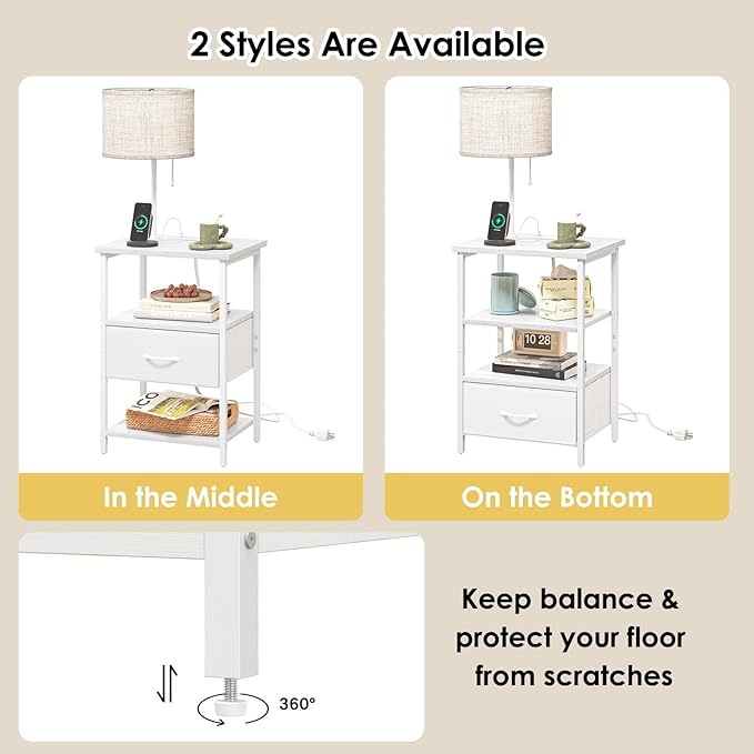Fixwal Bedside Table with LED Lights Nightstand with 3 Color Temperatures Bulb, Tall NightStand with Charging Station End Table with Adjustable Fabric Drawer for Bedroom Dorm (White)