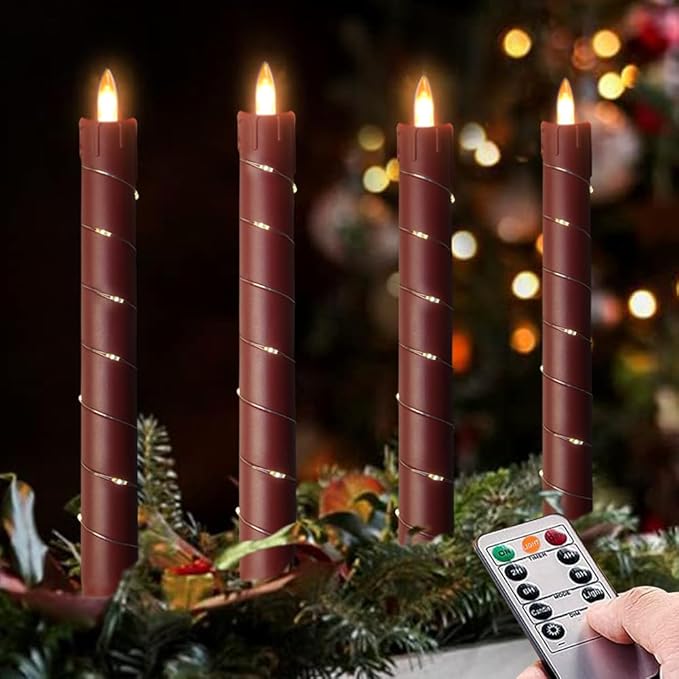 Danip Christmas red flameless Candle with String Light Window Candles with Remote Timer Battery Operated Taper Candle LED Pillar Candles Set of 6