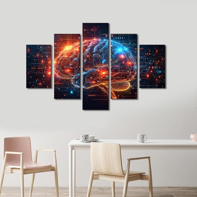 5 Panel Bedroom Wall Art Artificial Intelligence Canvas Wall Art for Living Room Futuristic Technology House Decor Neural Networks Art Wall for Home AI Poster and Prints Artwork Home Decor 60"Wx40"H