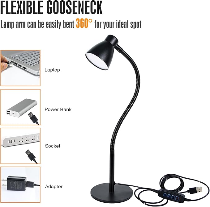 LED Desk Lamp for Home Office, CRI 90+ Eye-Caring Reading Light, Small Desk Light with Flexible Goose Neck, Perfect for Study Desk (Adapter Included)