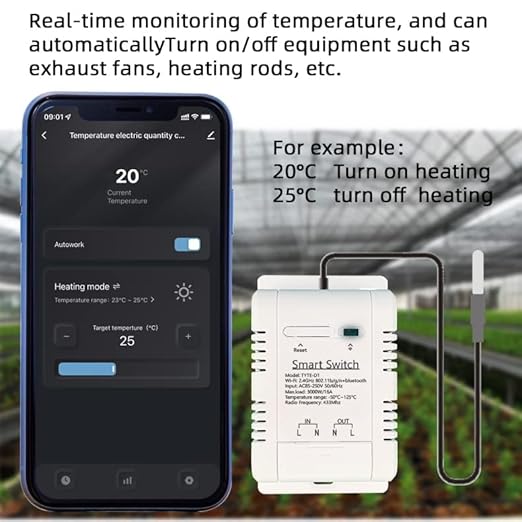 WiFi Smart Waterproof Temperature Controller Sensor Module, Tuya app Wireless Remote 16A Smart Switch with Energy Consumption Monitoring, Compatible with Alexa Google Home