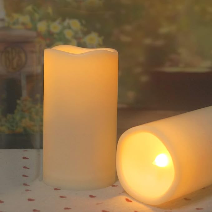 Outdoor Battery Operated Flameless Candles with Timer, Realistic Flickering Plastic Fake Electric LED Pillar Lights Waved Edge for Home Garden Wedding Party Christmas Decor 3x5 Inches 2-Pack