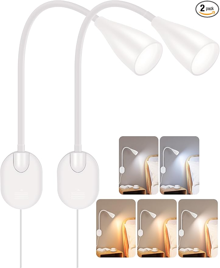 Wall-Mounted LED Bedside Reading Light with USB Charging Port, 10-Level Dimmable & Adjustable 5 Color, Plug-in Adhesive Night Lamp for Books in Bed, Eye-Caring Bedroom Lighting (White 2 Pack)