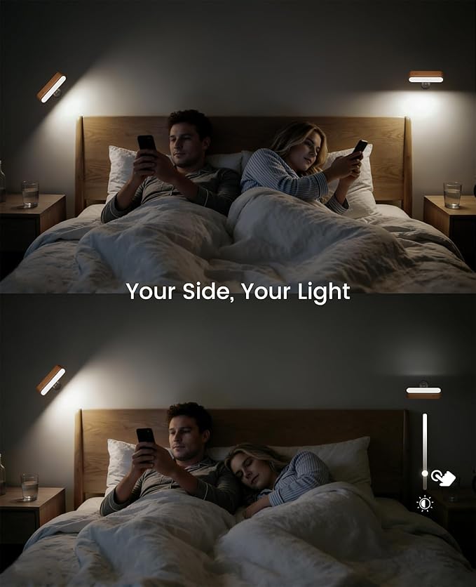 Wood Battery Operated Wall Sconces Set of Two, Magnetic Mini Wall Lights with 360° Rotation and Adjustable Brightness, Stick-On Mount for Bedside, Hallway, Living Room (2Pack Beech Wood)