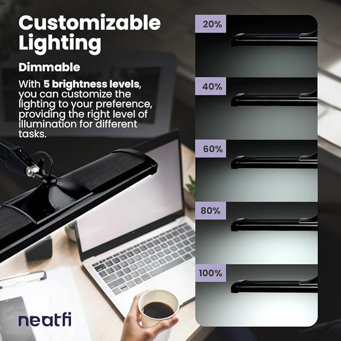 Neatfi 3,500 Lumens LED Desk Lamp – 45W Dimmable Task Light | 3 Light Modes | 540 SMD LEDs | Touch Control | 26-Inch Wide Metal Shade | Reading, Craft, Workbench & Office (CCT with Base, Black)