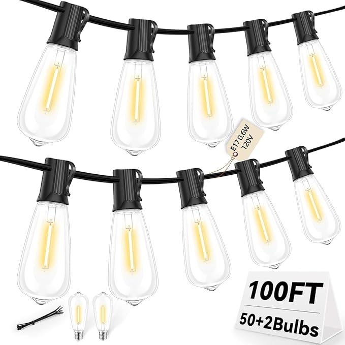 ST40 LED Outdoor String Lights 100FT with 50+2 Bulbs, E17 Socket, 0.6W, 2700K Warm White–Connectable for Garden, Backyard, Bistro, Patio, Porch, Deck, Gazebo, Party Decor