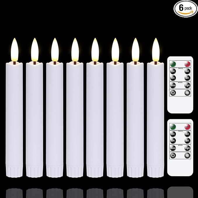 Flameless Taper Candles with Two Remote Timer, 6.4" LED 3D-Wick Window Candles, Flickering Long-Lasting Electric Pack of 8 Flameless Candlesticks (0.78" Dia, White)