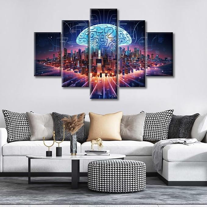 Human Brain Energy Wall Art for Living Room Artificial Intelligence Concept Canvas Wall Art Brain Nervous System Pictures Posters Modern Wall Decor Office Framed Ready to Hang, (60"Wx40"H)