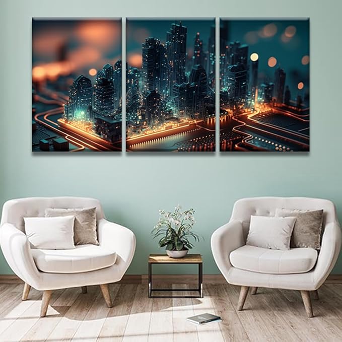 LSIUHWUWI Wall Art for Living Room 3 Panel Smart City on Circuit Board Pictures Posters Contemporary Wall Decor for Home Office Hotel Wall Wooden Framed Ready to Hang 16x24inchx3