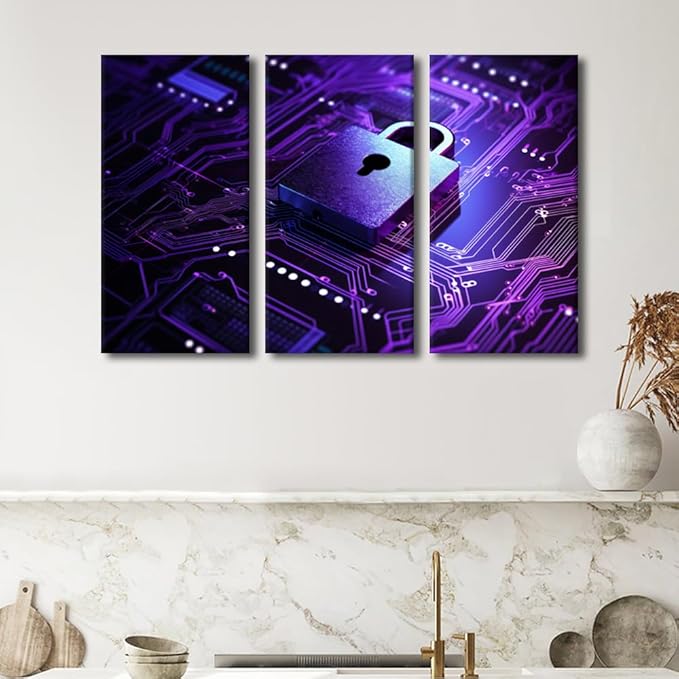 3 Panel Framed Wall Art Cyber Security Concept Posters Prints, Cyber Security and Data Protection Concept Artwork Giclee Wooden Framed Gallery-Wrapped Ready to Hang, 42" Wx28 H