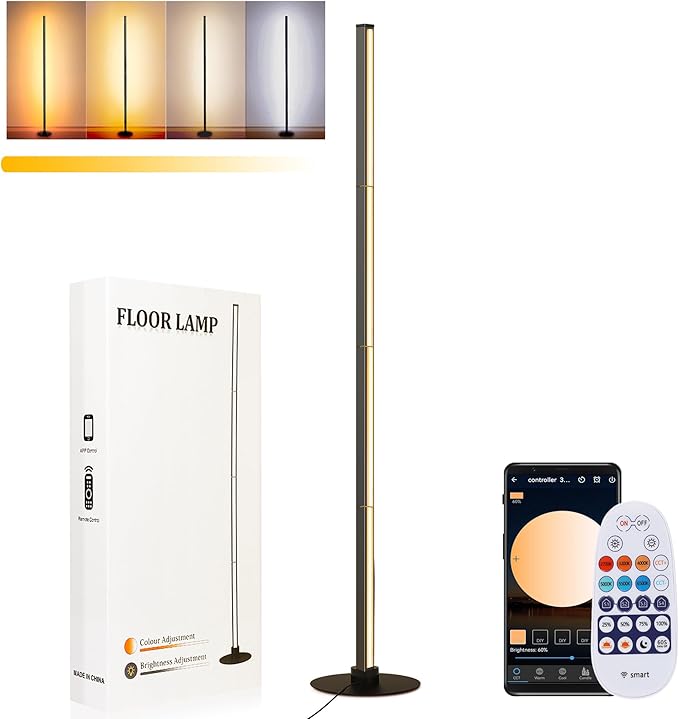 PMS 63“ Modern Metal Floor Lamp, Warm to White Color Changing Standing Lamp, Stepless Dimmable Brightness Corner Lamp with APP & Remote Control for Living Room, Bedroom, Office