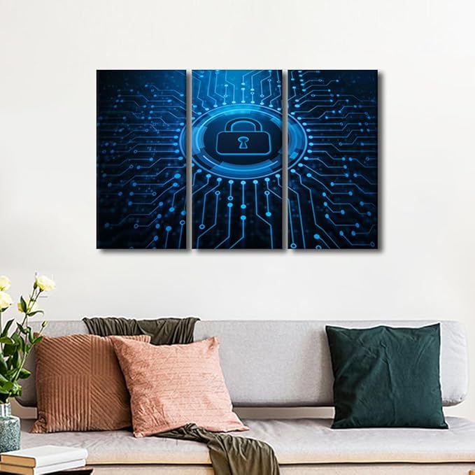 3 Pieces AI Intelligence Wall Art Lock Picture Prints on Canvas Giclee Artwork Wall Decor Security Lock Symbol Framed Art Prints Modern Home Office Room Wall Decor Stretched Ready to Hang, 36" Wx24 H