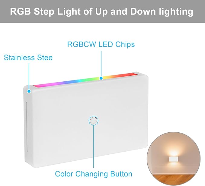 RGB Step Lights Indoor, 100V-277V Dimmable 2.5W, Wired LED RGB Color Changing Stair Night Lights for Bedroom/Step/Hallway/Aisle/Christmas/Halloween, Up Down, 10 Color, ETL, White, 6Pack