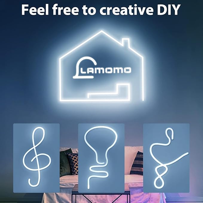 Lamomo Neon LED Rope Light 32.8ft, White LED Strip Lights 1.96in/Cut, 6000K Waterproof Flexible Silicone 24V Led Strip for DIY Neon Sign Bedroom Indoor Outdoor Decor（Power Adapter Included）