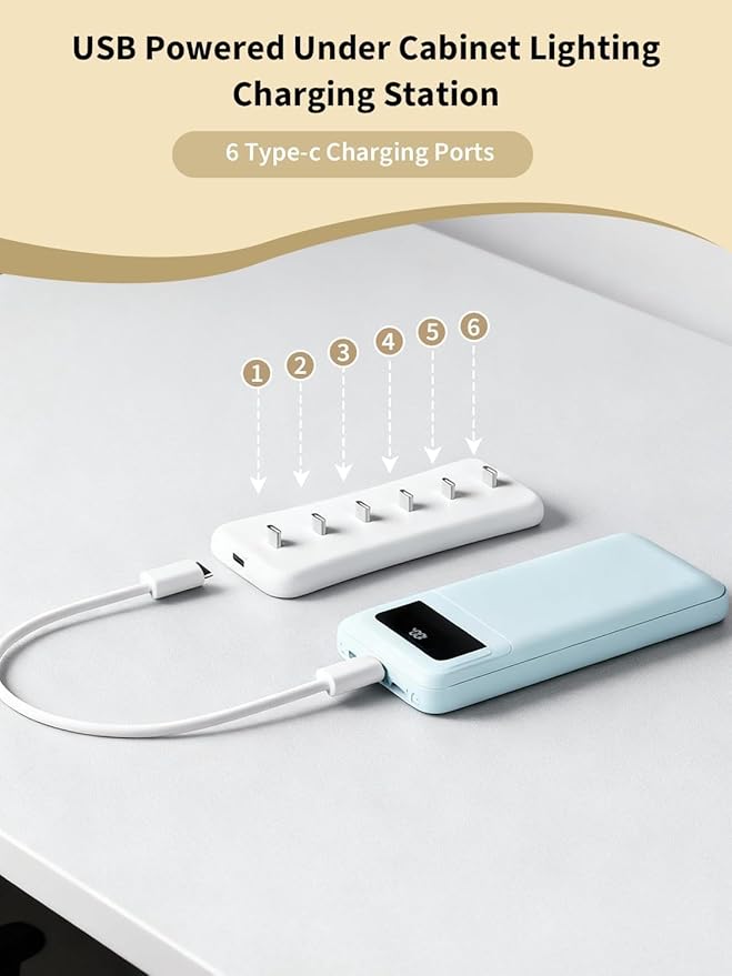 Usb Under Cabinet Lighting charging station with 6 Type-c Charging Ports, 2-Pack, Portable Motion Sensor Light Indoor Multi-Light Storage&Charging Base Save Charging Time Design for Closet Light