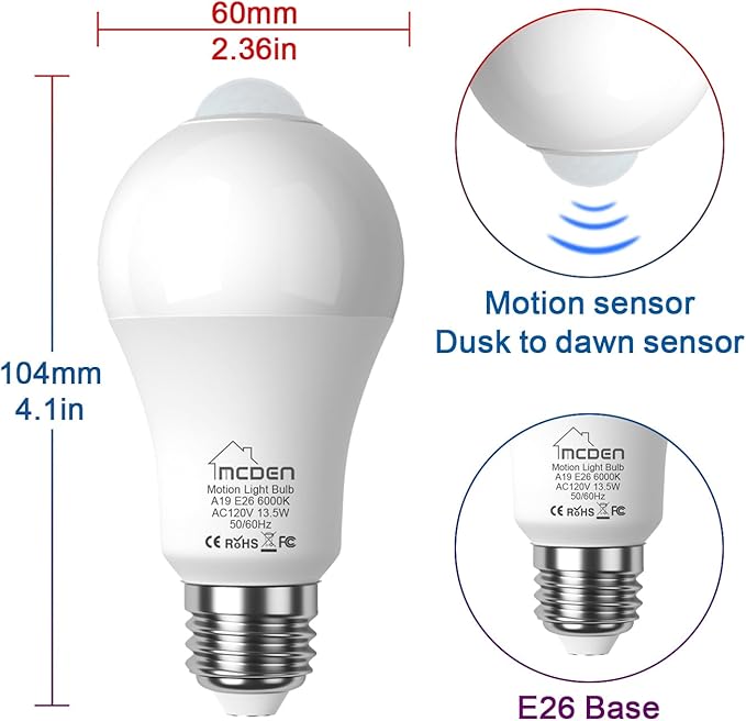 McDen Motion Sensor Light Bulb, Indoor Motion Activation Detector Light Bulb, E26 Base Dusk to Dawn Security Night Light 13.5W Equivalent 100W 6000K Daylight 4 Packs