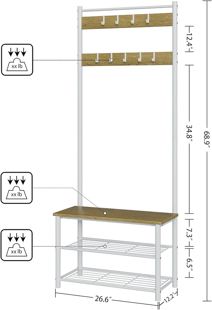 Hall Tree with Bench and Shoe Storage, 3-in-1 Coat Rack Shoe Bench, Freestanding Wooden Coat Rack with Metal Frame, 3-Tier Storage Shelf and 9 Removable Hooks, White/Walnut