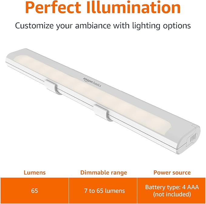 Amazon Basics LED Stick On Lights, Battery Operated, Wireless, 65 Lumens, Portable Light, Under Cabinet Lighting, Closet, Kitchen, 2 Pack, White